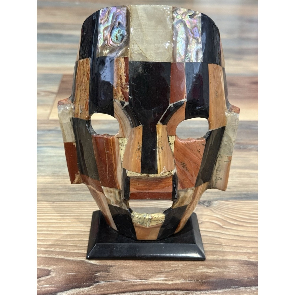 Vintage Handmade 8.25" Mayan Aztec Mexican Burial Death Mask Mother Of Pearl Art